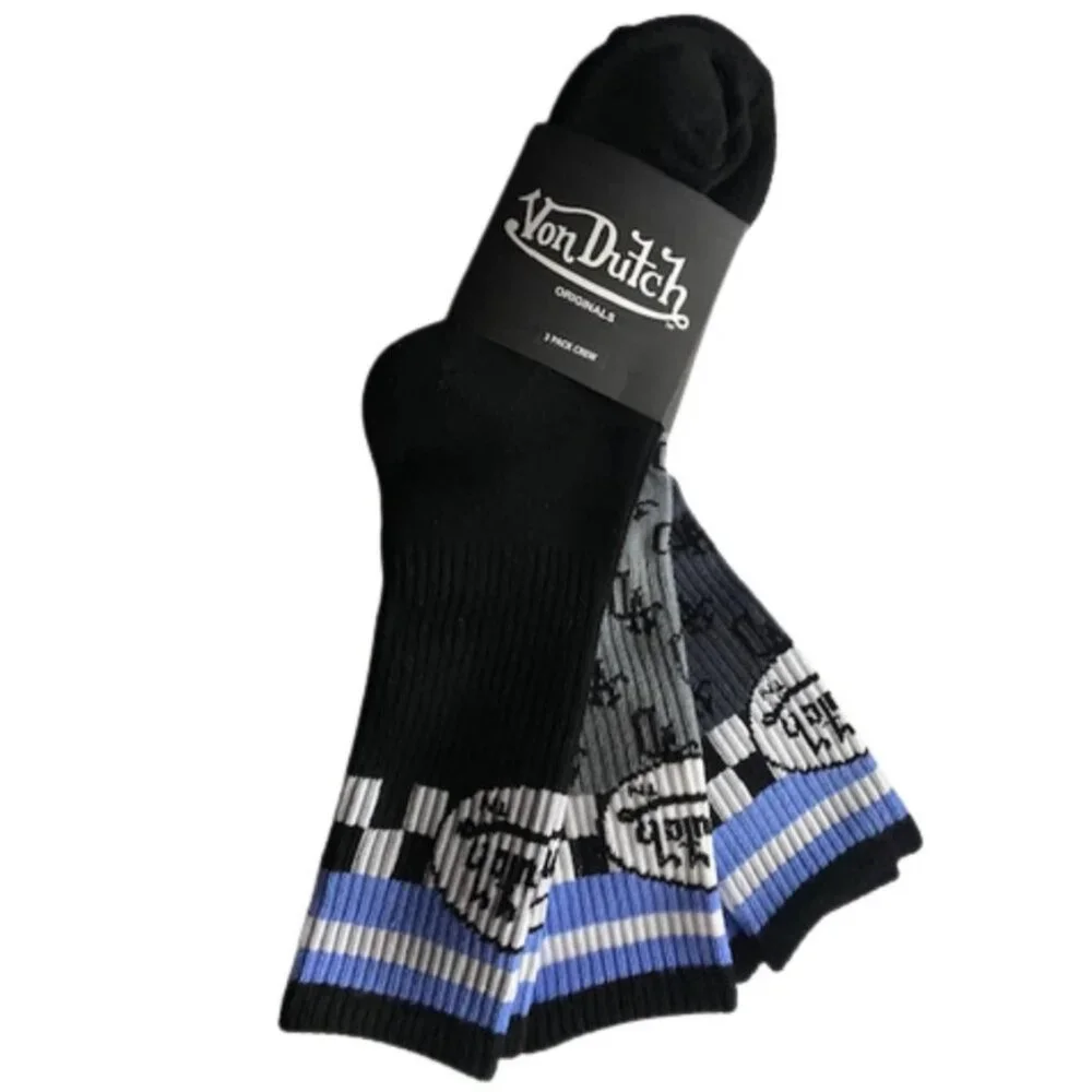 Von Dutch Originals 3 Pair Men's Crew Socks, Gray Black Blue Color Scheme